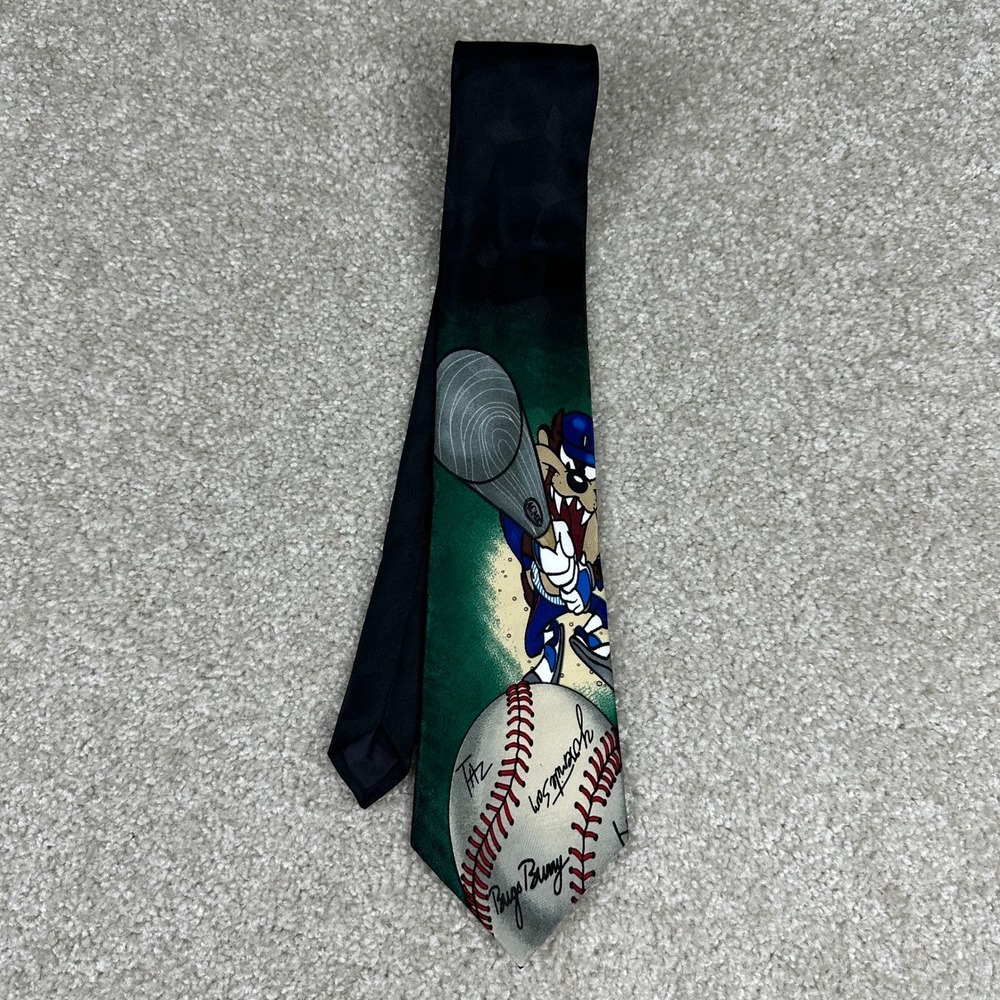 Vintage Looney Tunes Taz Baseball Tie 1996 Mania Green Black Polyester Novelty